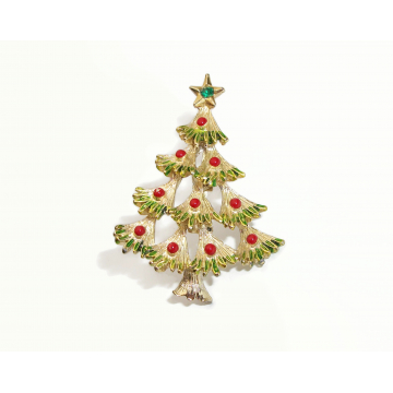 Vintage Signed Gerry's Christmas Tree Pin Brooch Gold with Green and Red Enamel