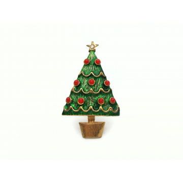 Small Vintage Christmas Tree Pin Brooch Lapel Pin Gold Green Enamel with Red Beads