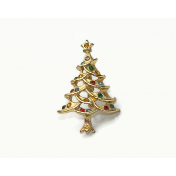 Vintage Gold Rhinestone Christmas Tree Brooch Pin