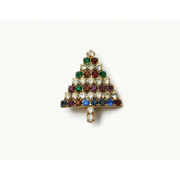 Vintage Small Prong Set Multicolored Rhinestone Christmas Tree Pin Brooch Gold Pave Crystal Mini Tree Lapel Pin