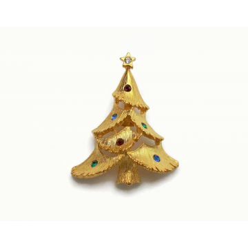 Vintage JJ Jonette Brushed Gold Christmas Tree Brooch Pin with Rhinestone Accents