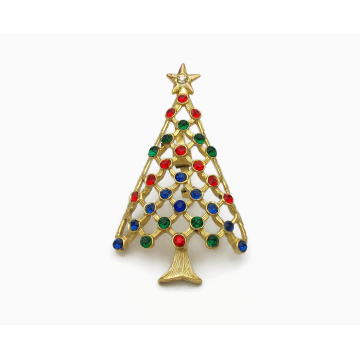 Vintage Gold Christmas Tree Brooch Lapel Pin with Red Green Blue Rhinestones Openwork Weave Design