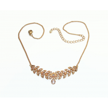 Vintage Clear Rhinestone Gold Leaf Bar Necklace Vine Leaf Design Wedding Bridal Jewelry
