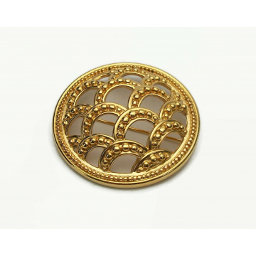 Vintage Monet Round Domed Gold Shield Brooch Scalloped Openwork Fish Scale Design Statement Lapel Pin