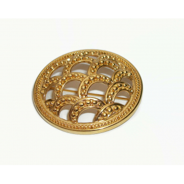 Vintage Monet Round Domed Gold Shield Brooch Scalloped Openwork Fish Scale Design Statement Lapel Pin