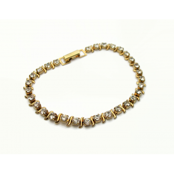 Vintage 7 inch Rhinestone Tennis Bracelet Gold with Prong Set Clear Rhinestones Snap Lock Clasp Women's Bracelet
