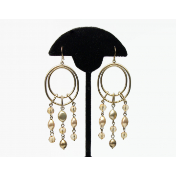 Vintage Gold and Champagne Bead Dangle Earrings Hook Earrings 3.5 inch Boho Jewelry Long Drop Hoop Hook Earrings