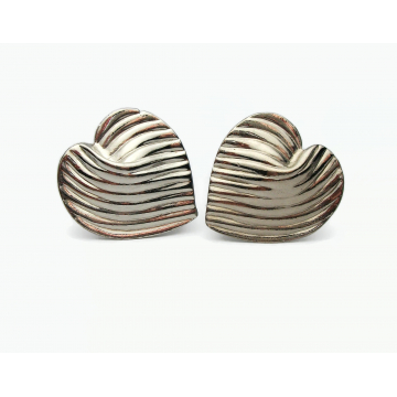Vintage Big Silver Heart Shaped Clip on Earrings Large Textured Silver Heart Earrings