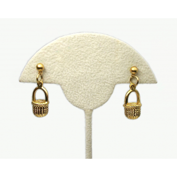 Vintage Tiny Gold Basket Dangle Earrings for Pierced Ears Easter Basket Drop Earrings