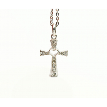 Vintage Clear Rhinestone Silver Cross with Heart Pendant Necklace Adjustable 18 to 20 inch Chain