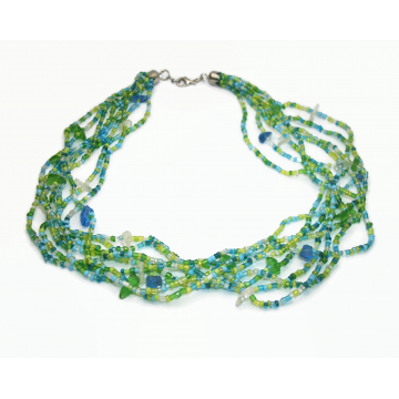 Vintage Blue and Green Glass Bead Multi Strand Choker Necklace Seed Beads and Small Nuggets 17 1/2 to 18 inch Necklace Multistrand
