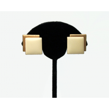 Vintage Monet Cream White Enamel and Gold Clip on Earrings Square Geometric Jewelry