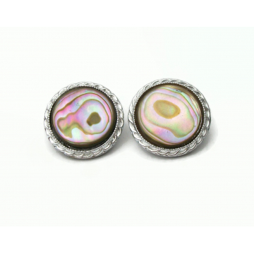 Vintage Abalone Mother of Pearl Clip on Earrings Round Silver Earrings with Abalone Shell MOP Made in Japan 1950s