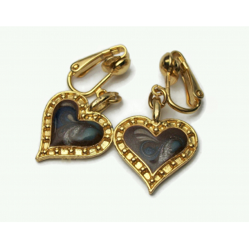 Vintage Gold Brown and Blue Enamel Swirl Heart Dangle Clip on Earrings Heart Shaped Drop Earrings Clip Ons
