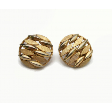 Vintage Crown Trifari Gold Clip on Earrings Textured Gold Round Geometric Earrings