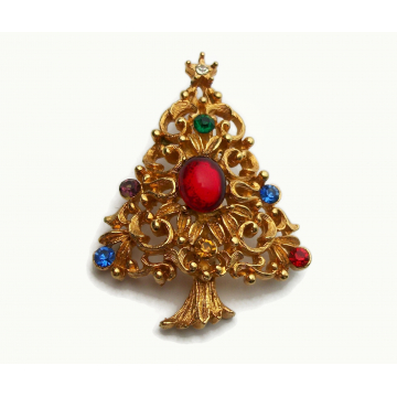 Vintage JJ Jonette Rhinestone Christmas Tree Brooch Lapel Pin Gold with Colorful Rhinestones