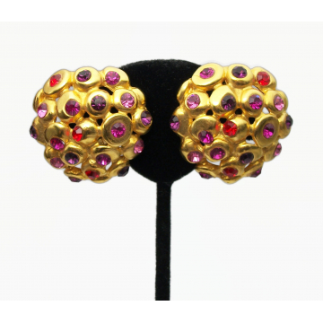 Vintage Signed Ben Amun 24K Gold Plated Huge Statement Clip on Earrings Big Gold Domes Red and Purple Crystals Designer Avant Garde Jewelry