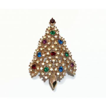 Vintage Signed Eisenberg "Cut Your Own" Christmas Tree Brooch Gold Filigree Pave Rhinestone Lapel Pin Ornate Design