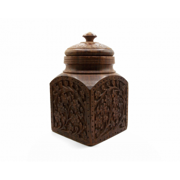 Vintage Hand Carved Wood Spice Jar Made in India Wooden Box with Lid Solid Wood Canister