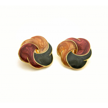 Vintage Enamel Swirl Clip on Earrings Gold with Green Amber and Maroon Red Enamel  1 1/8" Diameter Harvest Colors Summer Autumn Shades