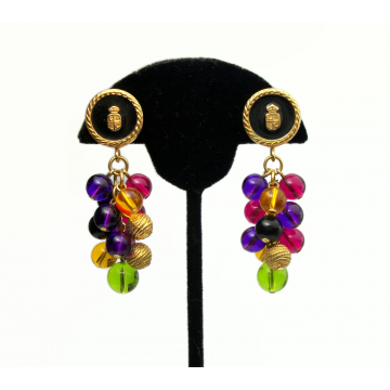 Vintage Liz Claiborne Crest Shield Drop Earrings with Colorful Bead Cluster Dangles Black Gold Purple Green Yellow Fuchsia Signed LCI