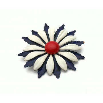 Vintage 1960s Enamel Flower Brooch Red White and Blue Large Big 3 inch Enameled Flower Pin Lapel Pin