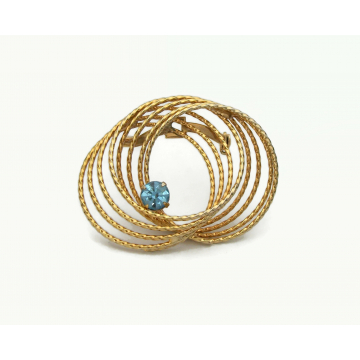 Vintage Gold Wire Brooch with Aquamarine Blue Crystal Openwork Interlocking Circles Design Pin Lapel Pin Prong Set March Birthstone
