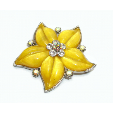 Vintage Yellow Lucite Starfish Brooch Puffy Star Shaped Pin Lapel Pin with Crystal Rhinestone Accents