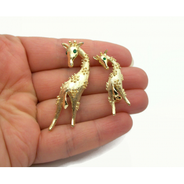 Vintage Gerry's Giraffe Scatter Pins Big and Little Mother and Baby Giraffe Brooches Gold with Green Rhinestone Eyes