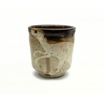 Small Ceramic Clay Pottery Cup Vessel Pot with Dinosaur 3 inches tall Brown Tan Cream Earth Tones