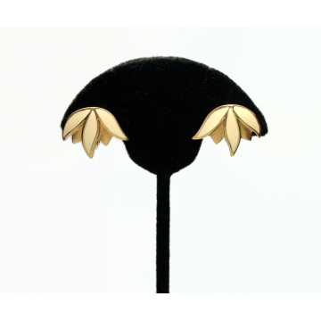 Vintage Monet White Enamel Clip on Earrings Rare Floral Leaves Flower Design White and Gold Monet Earrings