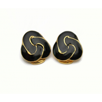 Vintage Black Enamel Love Knot Celtic Knot Clip on Earrings Black and Gold