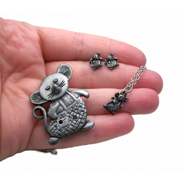 Vintage Torino Pewter Mouse Necklace Pierced Earrings Brooch Pin Jewelry Trinket Box Set