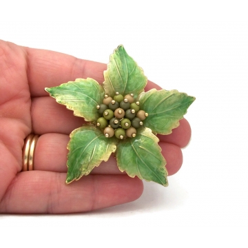 Liz Claiborne Enamel Green Leaves Floral Brooch Gold Shiny Enamel Flower Buds & Leaf Pin Poinsettia Vintage Signed Designer Jewelry