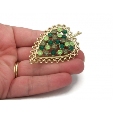 Vintage Green Rhinestone Leaf Brooch  Gold Filigree Openwork Leaf Pin Shades of Olive Spring Peridot & Emerald Green May Birthstone Jewelry
