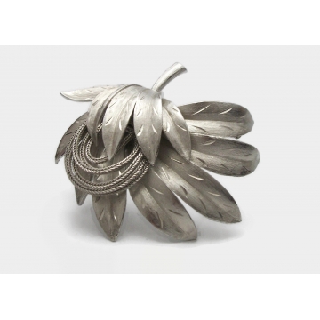 Vintage Signed Kramer Etched Silver Tone Brooch  Ornate Abstract Floral Leaves Design  Designer Jewelry Elegant Artisan Lapel Pin