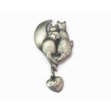 Vintage AJC Cattails Pewter Kitty Cat Brooch Two Cats in Love Moon Watching Pin with Heart Shaped Dangle Charm Crescent Moon and Star