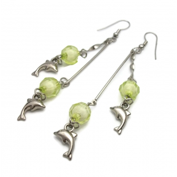 Vintage Long Dolphin Charm Dangle Earrings with Chartreuse Spring Green Beads Drop French Hook Dolphin Earrings for Pierced Ears Silver Tone