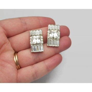 Vintage Clear Crystal Rhinestone Clip on Earrings Square Baguette and Round Cut Crystals Prong Set Silver Tone Metal Wedding Bride Jewelry