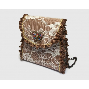 Vintage Small Wristlet Purse Brown with White Lace & Brown Ruffles Tiny Purse Hato Hasi Snap Closure Bronze Chain Lipstick Bag Flower Girl