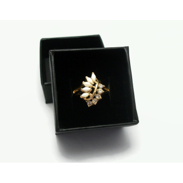 Vintage Signed Uncas Faux Opal and Clear Rhinestone Gold Cocktail Ring Raised Setting US Size 6 1/2 Marquise Cut October Birthstone