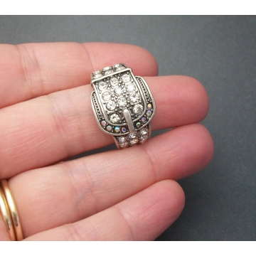 Vintage Silver Tone Buckle Ring with Clear and AB Crystals Crystal Rhinestones Size 7 1/4 Unisex Men's Women's Sparkly Country Western Ring