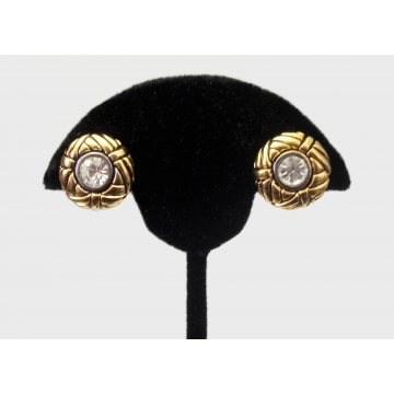 Vintage Gold Rhinestone Clip On Earrings with Black Accents Round Patterned Button Clip Earrings