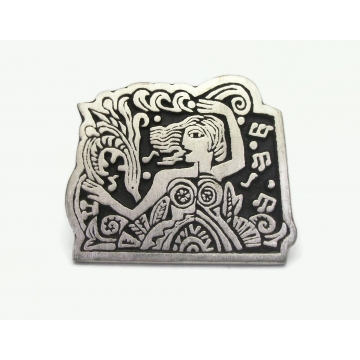 Vintage Alice Seely Pewter Art Brooch or Lapel Pin Signed and Dated by Artist Black and Silver Tone Metal Jewelry Tribal Urban Fetishes