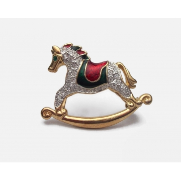 Vintage Signed Roman Rocking Horse Brooch Clear Pave Rhinestones Red and Green Enamel Gold Tone Metal Sweater Pin Lapel Pin Christmas