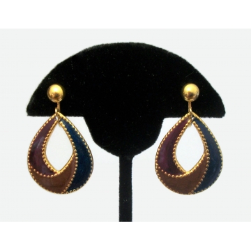 Vintage Enamel Teardrop Hoop Clip on Earrings Tear Drop Shaped Gold Purple Navy Blue Brown Hoop Drop Dangle Earrings