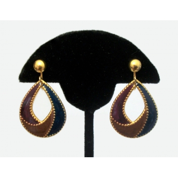 Vintage Enamel Teardrop Hoop Clip on Earrings Tear Drop Shaped Gold Tone Purple Navy Blue Brown Hoop Drop Dangle Earrings