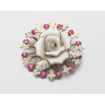 Vintage White and Gold Porcelain Rose Brooch with Fleur de Lis and Pink Rhinestones Mid Century Jewelry Flower Floral Lapel Pin