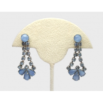 Vintage Cornflower Blue Moonglow and Blue Rhinestone Dangle Screw Back Clip on Earrings Formal Wedding Dressy Prom Mid Century Jewelry