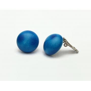 Vintage Blue Ceramic Clip on Earrings Silver Tone Metal 3/4 inch Blue Ceramic Round Domed Button Earrings